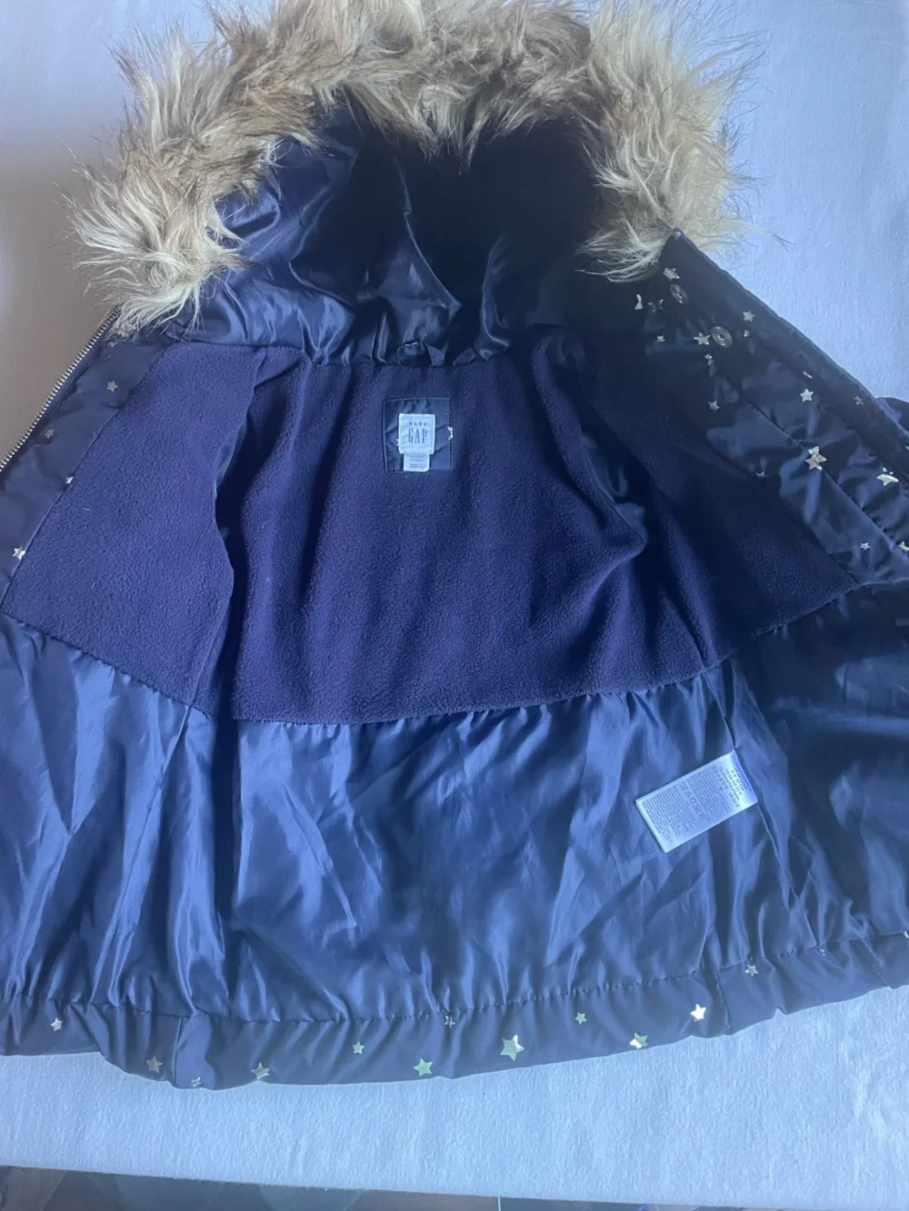 GAP Navy Puffer Coat with Gold Star Print and Faux Fur Hood